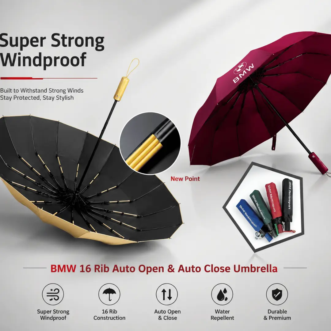 BMW Premium 16-Rib Umbrella | Auto Open & Close | Strong Wind Resistant